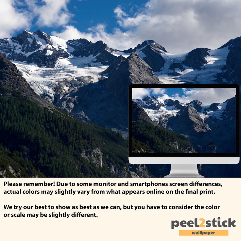 Puede incluir: Un paisaje monta&ntilde;oso esc&eacute;nico con picos cubiertos de nieve y un glaciar. La imagen se muestra en un monitor de computadora, con el mismo paisaje visible en el fondo.