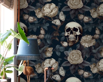 Gothic Skull Wallpaper for Walls | Dark Gothic Wallpaper Skeletons | Gothic Floral Wallpaper | Vintage Gothic Wallpaper Peel and Stick