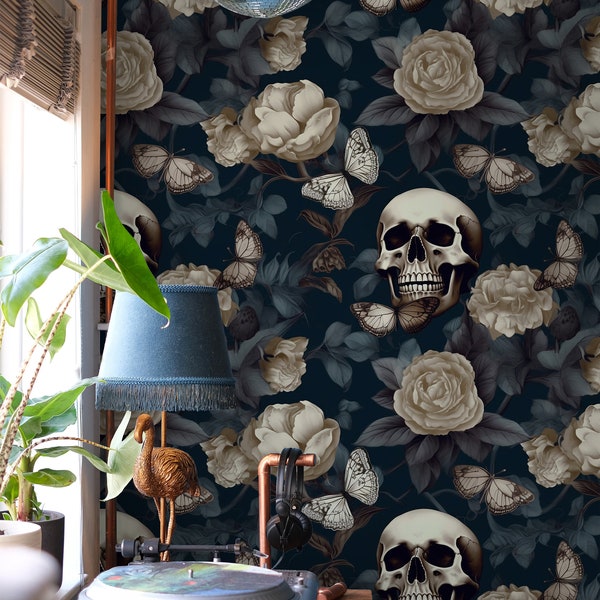 Gothic Skull Wallpaper for Walls | Dark Gothic Wallpaper Skeletons | Gothic Floral Wallpaper | Vintage Gothic Wallpaper Peel and Stick