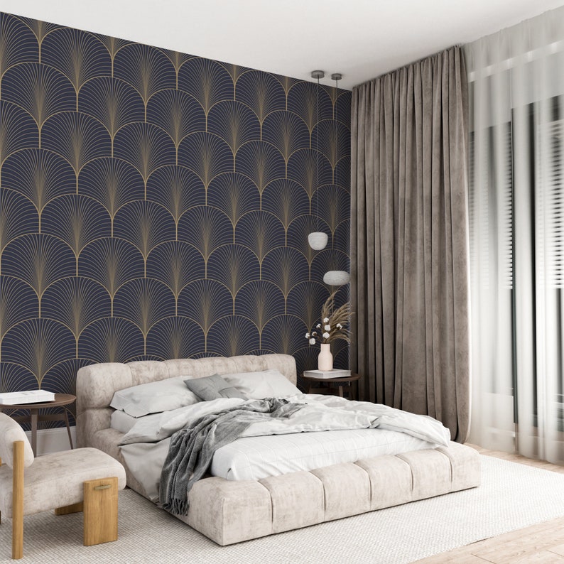 Navy Gold Wallpaper Art Deco Wallpaper Blue and Gold Navy Etsy