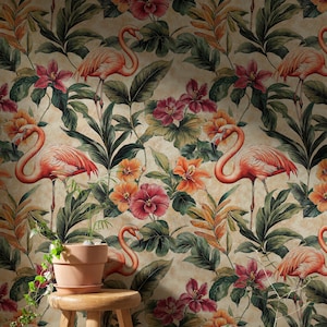 Pink Flamingo Peel and Stick Wallpaper, Tropical with Flamingos Wallpaper Retro, Pink Tropical Wallpaper, Flamingo Jungle Wallpaper Mural