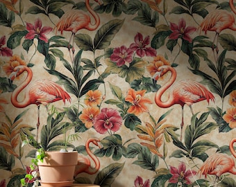 Pink Flamingo Wallpaper, Retro Tropical Jungle Peel and Stick