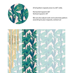 May include: A wallpaper pattern with a tropical leaf design. The pattern features large, green leaves on a light pink background. The pattern repeats every 60 inches horizontally and 34 inches vertically. The wallpaper is available in various sizes, including 40 inches by 132 inches.