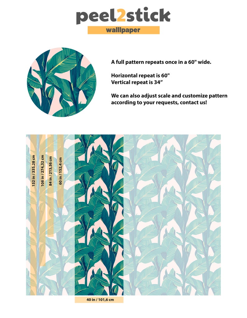 May include: A wallpaper pattern with a tropical leaf design. The pattern features large, green leaves on a light pink background. The pattern repeats every 60 inches horizontally and 34 inches vertically. The wallpaper is available in various sizes, including 40 inches by 132 inches.