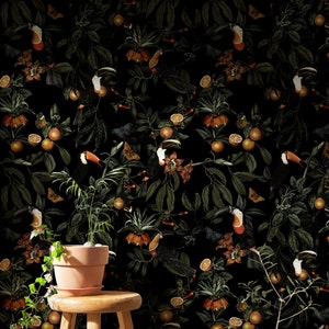 Dark Botanical Wallpaper Secret Garden at Night | Botanical Secret Garden Peel and Stick Wallpaper, Wallpaper Botanical Wallpaper Secret...