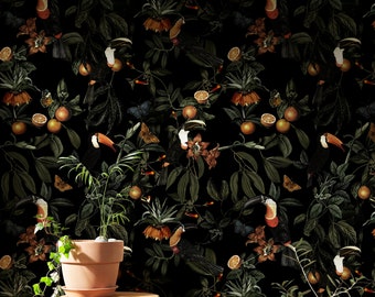 Dark Botanical Wallpaper Secret Garden at Night | Botanical Secret Garden Peel and Stick Wallpaper, Wallpaper Botanical Wallpaper Secret...