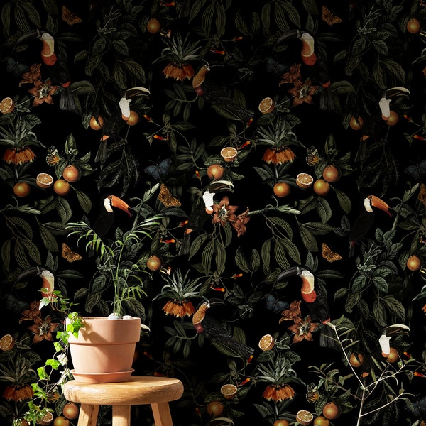 Dark Botanical Wallpaper Secret Garden at Night | Botanical Secret Garden Peel and Stick Wallpaper, Wallpaper Botanical Wallpaper Secret...