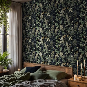 Fern Botanical Wallpaper: Dark Green Woodland Peel and Stick Mural