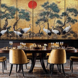 Gold Chinoiserie Wallpaper Mural, Japanese Crane Wallpaper, Vintage Chinoiserie Peel and Stick Wallpaper, Asian Style Crane Birds Wall Mural