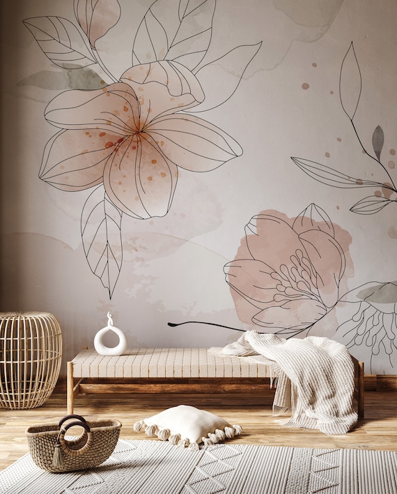 Watercolor Eucalyptus Leaves Wallpaper | Hand Drawn Floral Wallpaper | Floral Line Art Wallpaper | Boho Leaves Wall Paper