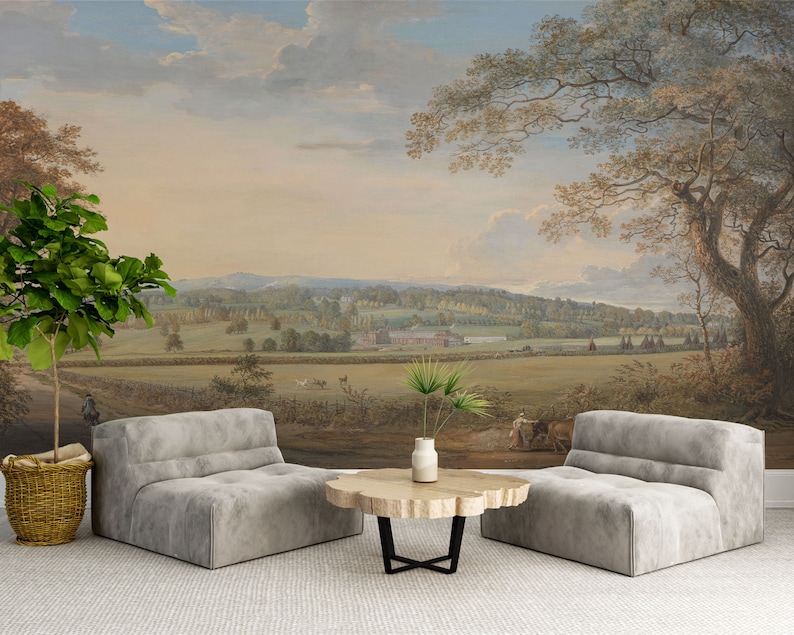 Vintage Scenic Wallpaper Mural Landscape Oil Painting Etsy