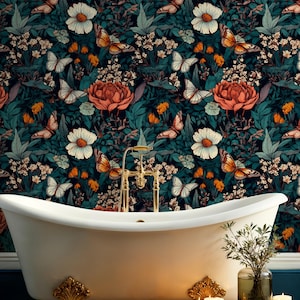 Dark Academia Botanical Peel and Stick Wallpaper, Moody Teal Floral Wall Mural, Secret Garden with Butterflies