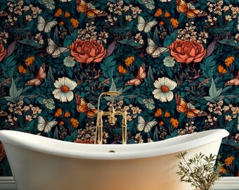 Dark Academia Botanical Peel and Stick Wallpaper, Moody Teal Floral Wall Mural, Secret Garden with Butterflies