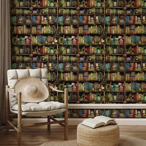 Peeland Stick Wallpaper Bookshelf | Book Shelf Wall Mural | Books Wall Mural | Botanical Wallpaper Moody | Whimsical Wallpaper Removal