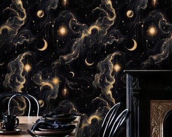 May include: Black and gold wallpaper with a celestial pattern featuring moons, stars, and swirling clouds. The wallpaper is shown in a dining room setting with a black table and chairs.