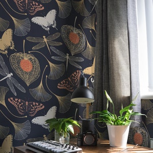 Dark Botanical Peel and Stick Wallpaper Floral | Butterfly Removable Wallpaper Mural | Dark Floral Wallpaper | Renters Wallpaper