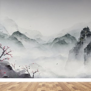 Scenic Wallpaper Mural Landscape | Chinoiserie Wallpaper Peel and Stick | Chinese Mountain Wallpaper | Wall Mural Wallpaper Landscape
