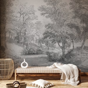 Scenic Landscape Wallpaper Gray | Vintage Scenic Wall Mural Wallpaper Self Sticking | Woodland Scenic Wallpaper Removable