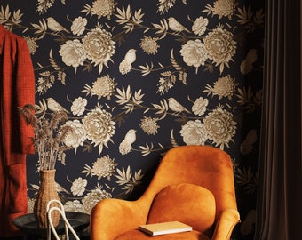 Navy Floral Wallpaper Birds | Dark Floral Wallpaper Peel and Stick Peony | Dark Peony Wallpaper | Peel and Stick Wallpaper Navy and Gold