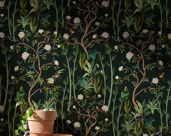 Chinoiserie Botanical Wallpaper Mural | Peony Flower Wallpaper Tree | Dark Botanical Peel and Stick Wallpaper | Chinoiserie Wallpaper