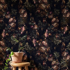 Dark Flowered Wall Mural | Dark Botanical Wallpaper Secret Garden | Dark Floral Peel and Stick Wallpaper Botanical Wallpaper Secret...