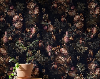 Dark Flowered Wall Mural | Dark Botanical Wallpaper Secret Garden | Dark Floral Peel and Stick Wallpaper Botanical Wallpaper Secret...