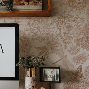 Gold Floral Peel and Stick Wallpaper with Butterflies | Vintage Peony Flower Mural Wallpaper | Gold and White Wallpaper Floral