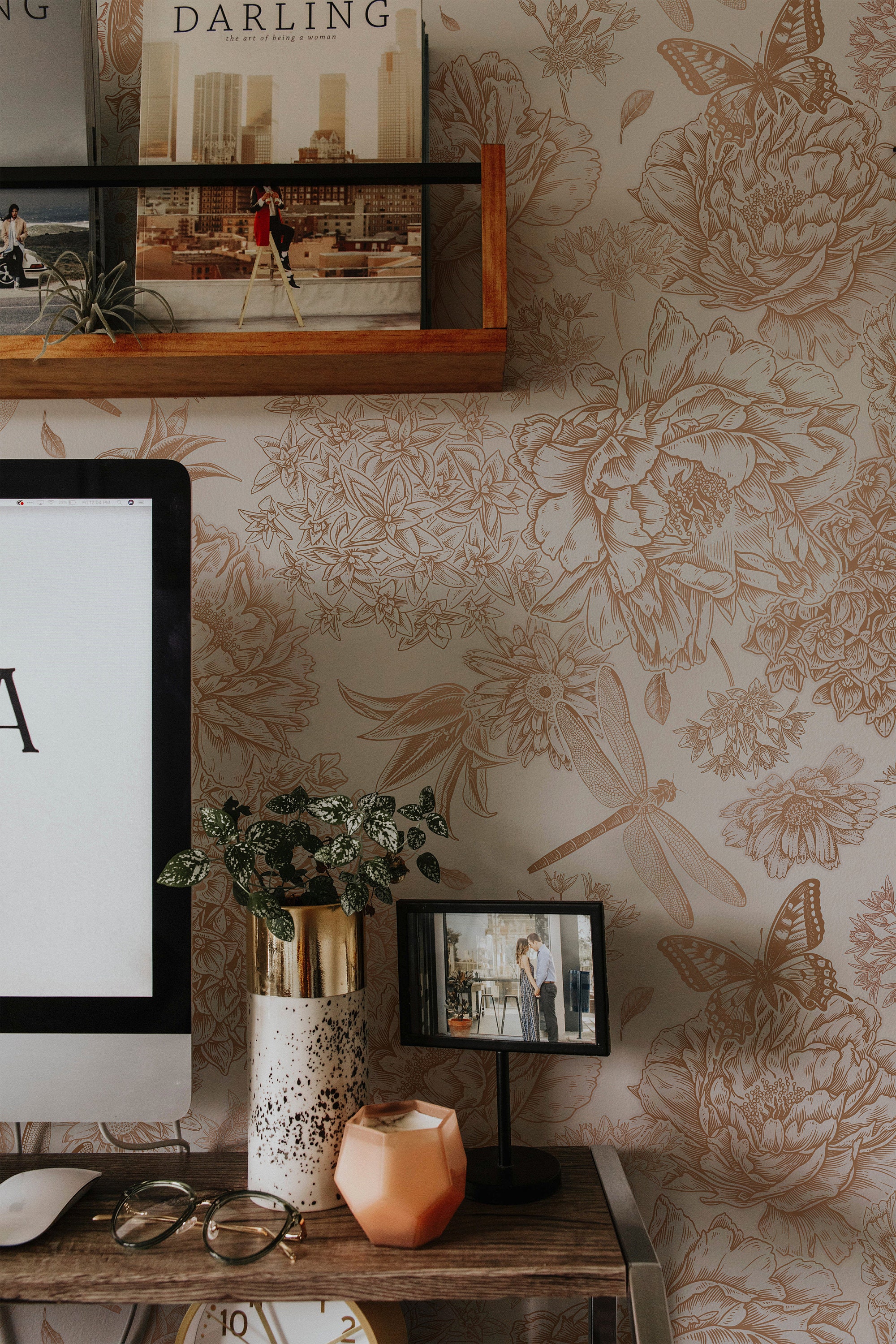 Gold Floral Peel and Stick Wallpaper with Butterflies | Vintage Peony Flower Mural Wallpaper | Gold and White Wallpaper Floral