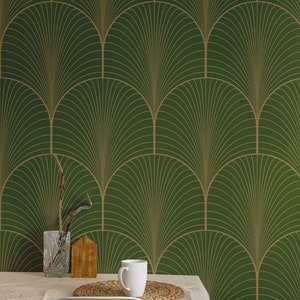 green and gold wallpaper for walls, olive art deco wallpaper, wallpaper with olive green, green and gold art deco removable wallpaper, green art deco wallpaper, art deco living room wall, green and gold wallpaper living room