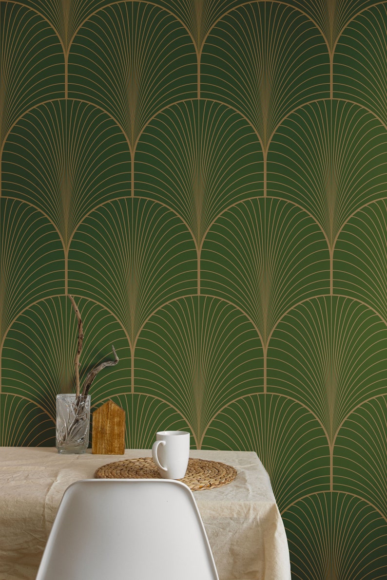 green and gold wallpaper for walls, olive art deco wallpaper, wallpaper with olive green, green and gold art deco removable wallpaper, green art deco wallpaper, art deco living room wall, green and gold wallpaper living room