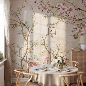 Cherry Blossom Peel and Stick Wallpaper | Chinoiserie Flowers and Birds Wallpaper | Cherry Blossom Mural | Tree Branch Wallpaper