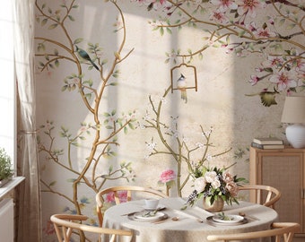 Cherry Blossom Peel and Stick Wallpaper | Chinoiserie Flowers and Birds Wallpaper | Cherry Blossom Mural | Tree Branch Wallpaper