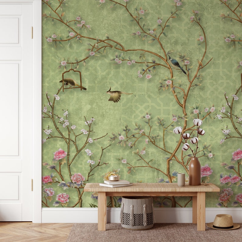 Green Chinoiserie Wallpaper Cherry Blossom | Tree Branch Wallpaper With ...