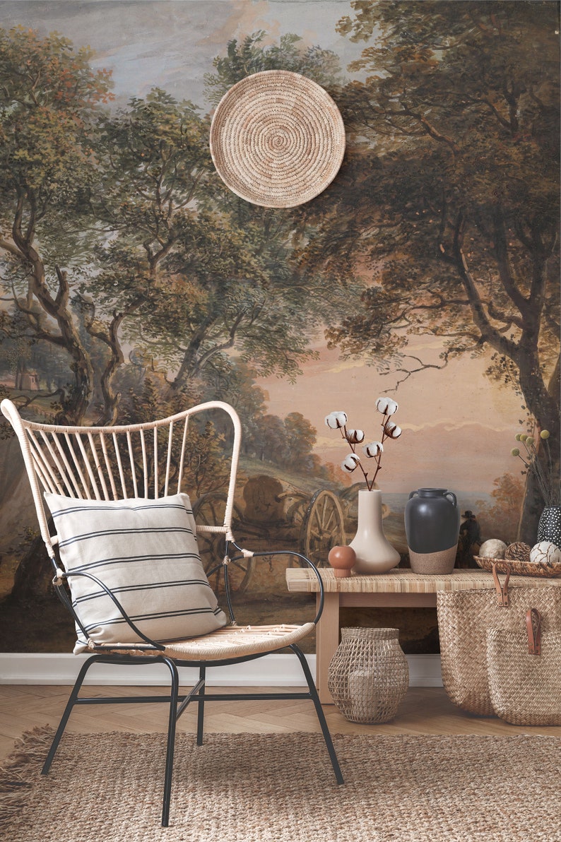 Landscape Wall Mural With Cows | Vintage Scenic Wallpaper | Landscape ...