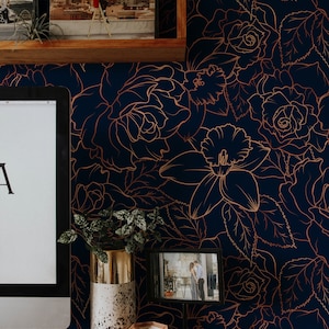 drawing flowers wallpaper, navy blue floral peel and stick wallpaper, sketched peony wall mural, navy and gold floral wallpaper, simple floral wallpaper, sketched peony wallpaper, floral sketch wallpaper, drawn flowers wallpaper