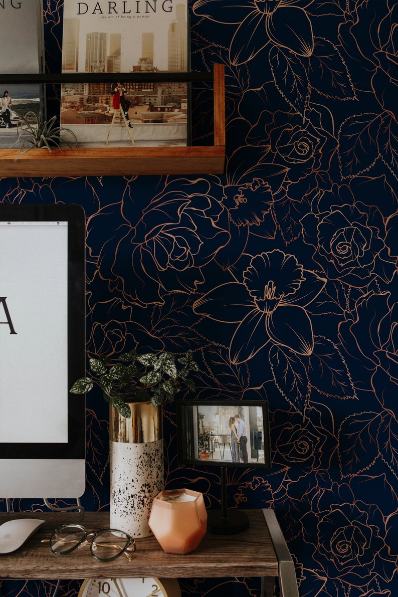 drawing flowers wallpaper, navy blue floral peel and stick wallpaper, sketched peony wall mural, navy and gold floral wallpaper, simple floral wallpaper, sketched peony wallpaper, floral sketch wallpaper, drawn flowers wallpaper
