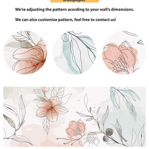 Pu&ograve; includere: Un design di carta da parati digitale con un delicato motivo floreale con accenti acquerellati rosa e verdi. Il design include fiori e foglie stilizzati in contorni neri. Il testo "peel2stick wallpaper" &egrave; visualizzato nella parte superiore dell'immagine.