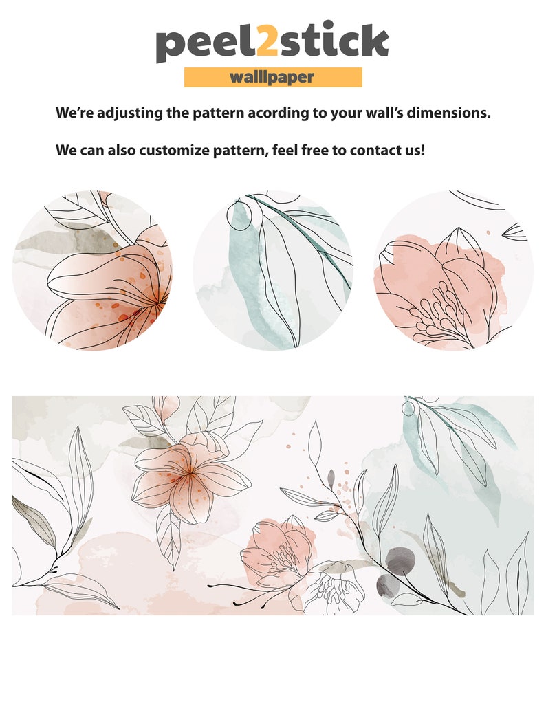 Pu&ograve; includere: Un design di carta da parati digitale con un delicato motivo floreale con accenti acquerellati rosa e verdi. Il design include fiori e foglie stilizzati in contorni neri. Il testo "peel2stick wallpaper" &egrave; visualizzato nella parte superiore dell'immagine.