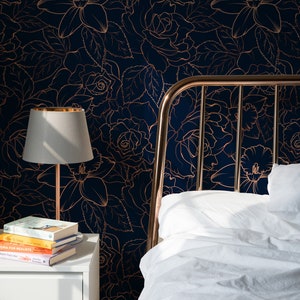 navy blue floral peel and stick wallpaper, peony flower mural wallpaper, flower line art wallpaper, dark blue floral wallpaper, drawing floral wallpaper, peony wall mural peel and stick, drawn peony flowers wallpaper, drawing mural flowers