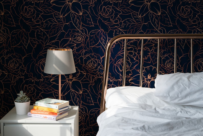 navy blue floral peel and stick wallpaper, peony flower mural wallpaper, flower line art wallpaper, dark blue floral wallpaper, drawing floral wallpaper, peony wall mural peel and stick, drawn peony flowers wallpaper, drawing mural flowers
