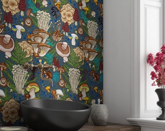 Forest Mushroom Wallpaper Peel and Stick | Botanical Wallpaper | Nursery Woodland Wallpaper | Mushroom Mural, Funky Peel and Stick Wallpaper