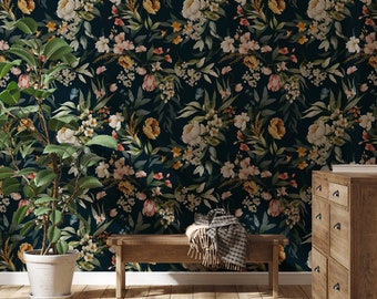Navy Blush Wallpaper | Watercolor Peony Wallpaper | Blush Floral Wallpaper | Navy Botanical Wallpaper Removable | Dark Blue Floral Wallpaper