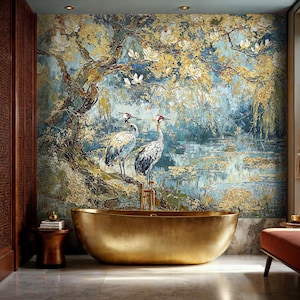Vintage Crane Peel and Stick Wallpaper, Oriental Tree Landscape Wall Mural, Chinoiserie Peel and Stick Wallpaper, Japanese Bird Wallpaper