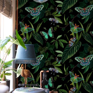 Butterfly Wallpaper Peel and Stick Bathroom | Dark Botanical Wallpaper Secret Garden at Night Wallpaper | Tropical Wallpaper Removable