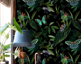 Butterfly Wallpaper Peel and Stick Bathroom | Dark Botanical Wallpaper Secret Garden at Night Wallpaper | Tropical Wallpaper Removable