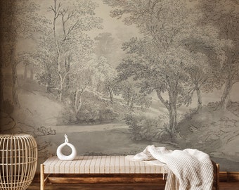 Scenic Landscape Wallpaper Gray | Vintage Scenic Wall Mural Wallpaper Self Sticking | Woodland Scenic Wallpaper Removable