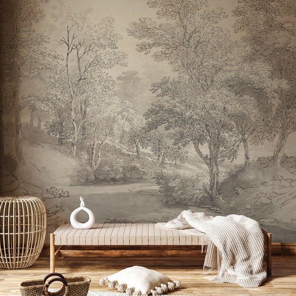 Scenic Landscape Wallpaper Gray | Vintage Scenic Wall Mural Wallpaper Self Sticking | Woodland Scenic Wallpaper Removable