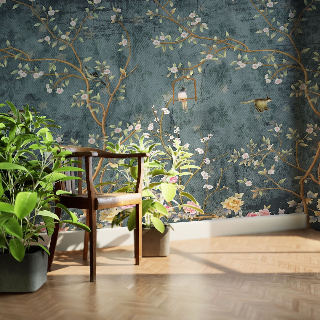Blue Chinoiserie Wallpaper Rolls | Bird and Branch Wallpaper Vintage ...