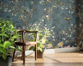 Blue Chinoiserie Wallpaper Rolls | Bird and Branch Wallpaper Vintage | Chinoiserie Removable Wallpaper Vintage | Tree Branch Wallpaper