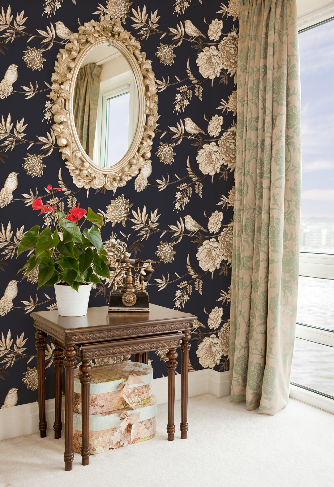 Navy Floral Wallpaper Birds Dark Floral Wallpaper Peel and Etsy